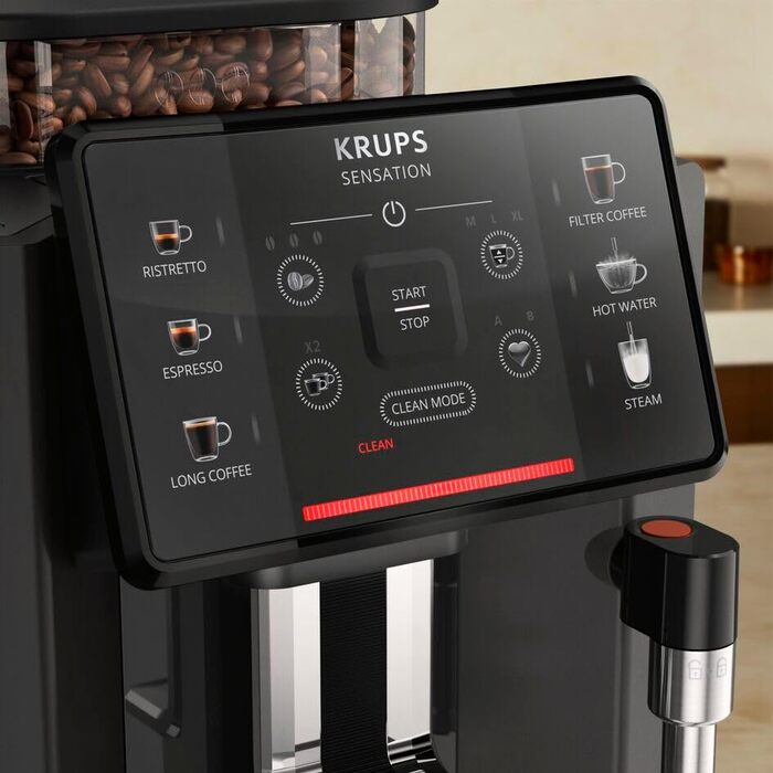 Krups Sensation Fully Automatic Coffee Machine, Milk Frother, 5 Drinks, Filter Coffee Function, 2-Cup Function, Coffee Machine, Black, EA910810 Single