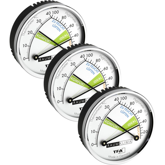TFA Dostmann Thermo Analog Thermometer Hygrometer with Metal Ring, Humidity Meter, Multicolored, L 71 x W 23 x H 71 mm (Pack of 3)