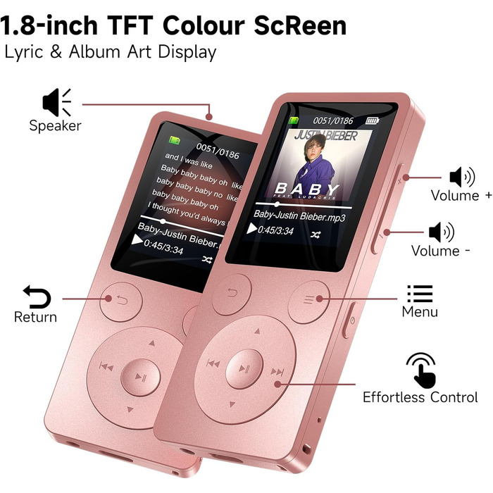 MP3 плеєр 32GB з Bluetooth 5.3 та вбудованим динаміком, FM-радіо, диктофон, HiFi-звук, розширювач пам'яті до 128GB, рожевий