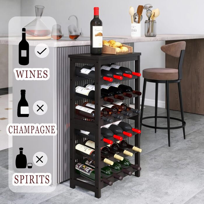 24-Bottle Wine Rack Freestanding Floor, 6-Tier Wine Display Storage Shelves with Tabletop, Bamboo Wine Bottle Holder Stand with Wave Bars for Kitchen, Dining Room, Pantry, Black