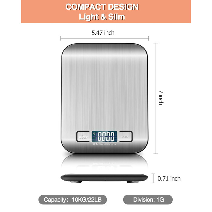 Цифрова кухонна вага 10 кг з LCD дисплеєм та функцією тарування, для випічки, приготування їжі та зважування ювелірних виробів, 1г, срібна, K1H