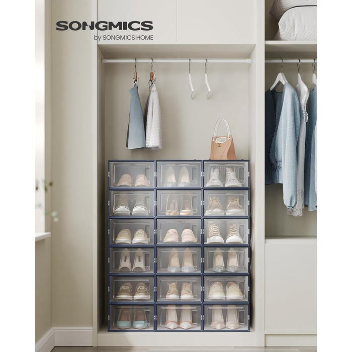 SONGMICS Shoe Boxes, 18-Piece Set, Plastic Shoe Organizer, Foldable and Stackable, for Shoes up to Size 44, Transparent-White LSP18SWT (Transparent + Anthracite Blue, 18-Piece Set for Shoes up to Size 44)