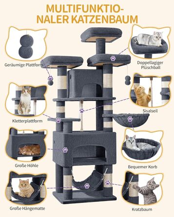 Кігтеточка для котів Hzuaneri, 176 см, XL, 3 платформи, 2 печери, 7 кігтеточних стовпів, гамак, плюшеві кульки, для багатокотових домівок, темно-сірий MS17618SG