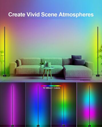 LED-підлогова лампа Miortior для вітальні, спальні, ігрової кімнати, RGB, диммування, керування з пульта та додатком, музичний синхронізатор, 16 мільйонів кольорів, 68 режимів, чорний велюр