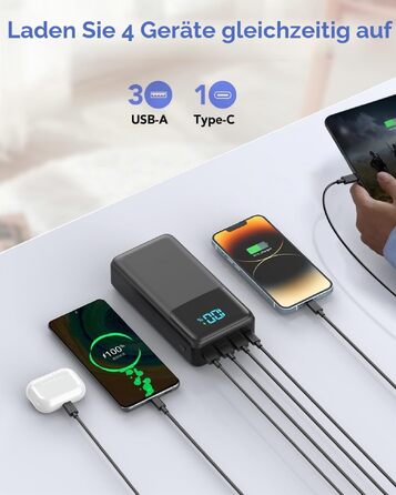 Повербанк Power Bank 60000mAh з швидкою зарядкою 22.5W, зовнішній акумулятор USB-C, 4 виходи та 2 входи, LED-дисплей, чорний