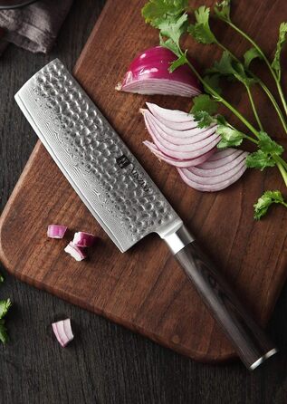 XINZUO ніж Nakiri з дамаської сталі 17 см, професійний кухонний ніж з ергономічною ручкою Pakkaholz, серія He, 67 шарів дамаської сталі