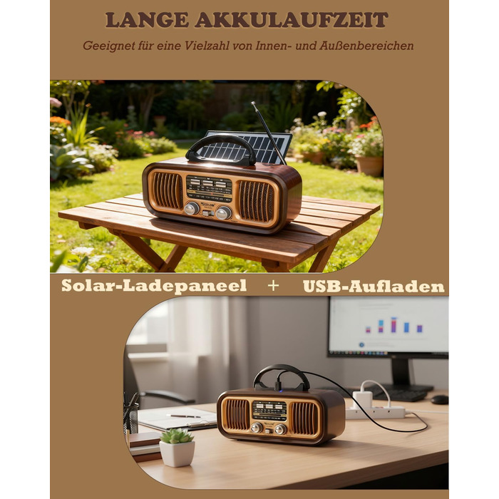 Ретро Радіо Klein з Bluetooth, AM/FM/SW радіо, портативне, з сонячною панеллю, USB/TF картка, 1200mAh, подвійний динамік