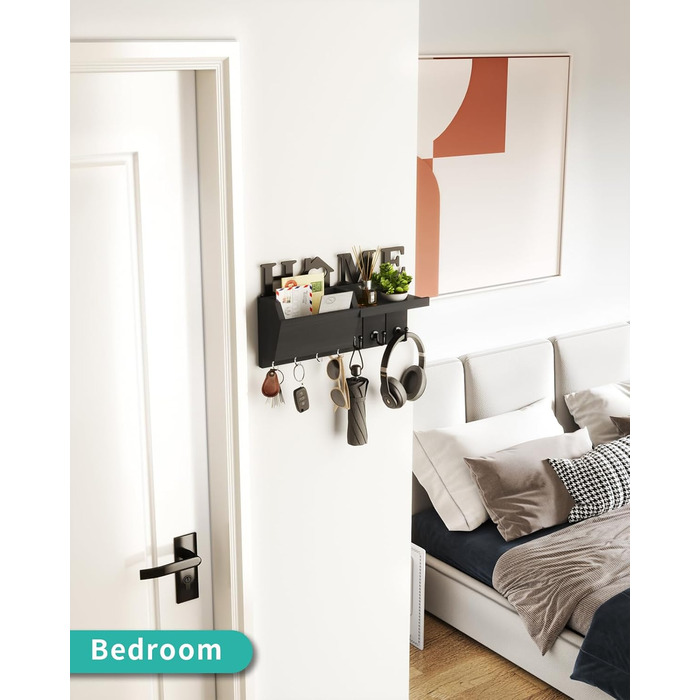 Держатель для ключів HapiRm з декором HOME, дерев'яне ключникове дошка з 7 гачками, з полицею. Підходить для входу, дверей, коридору, спальні, офісу (чорний)