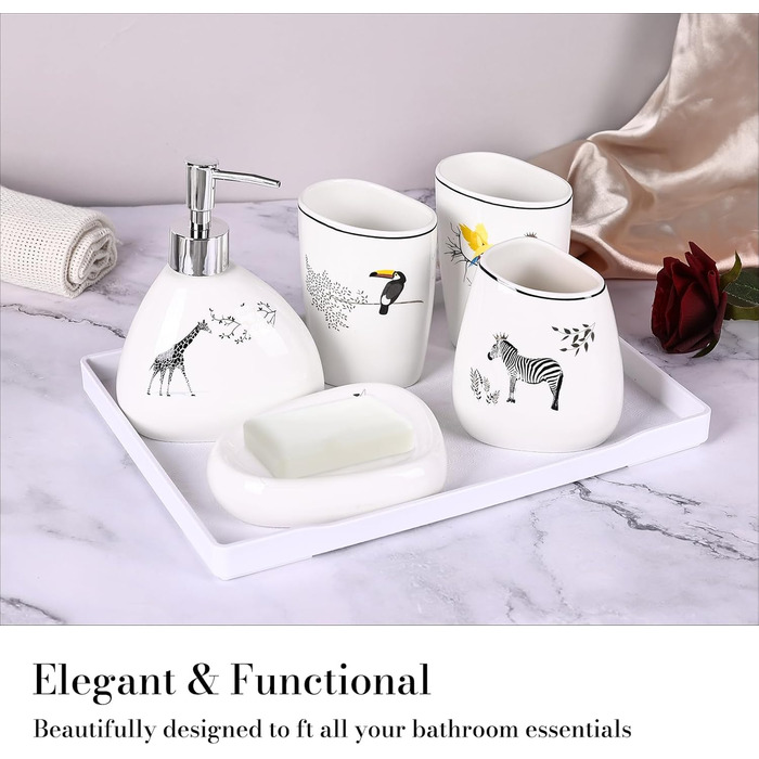 Bathroom accessory set, gold marble look, modern 6-piece bathroom accessory set, complete with soap dispenser, toothbrush holder, cup, tray, and countertop organizer (Tier)