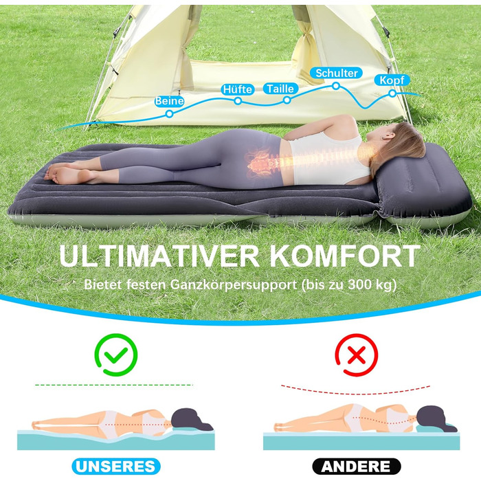 Надувний матрац SUV з 2 подушками – товстий, з фетром, для автомобіля – мобільні подорожі, кемпінг та відпочинок на природі – швидке надування та здування з електричним насосом