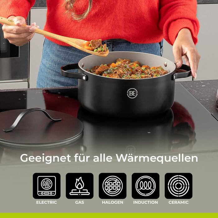 Каструля Be Living Essential з кришкою, 24 см, 4 л, антипригарне покриття Keramik Antihaft, для індукційних плит, без PTFE та PFOA, чорна