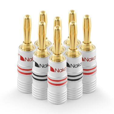 Nakamichi Бананові штекери 24K позолочені 12-18 AWG (4 мм) для акустичних кабелів Hi-Fi, підсилювачів, AV ресиверів - 8 шт (4 пари)