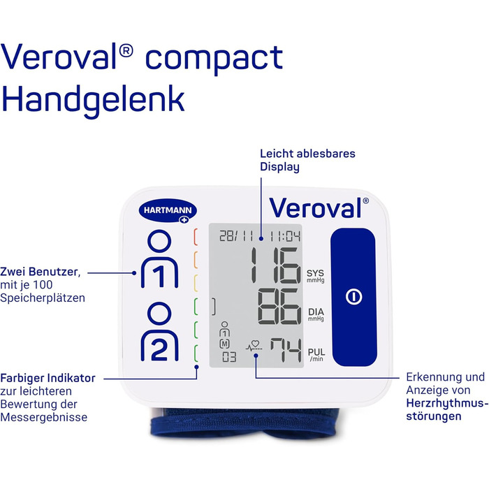 Вимірювач артеріального тиску Veroval Compact на зап'ясті - точний та швидкий, клінічно перевірений, визначає порушення серцевого ритму
