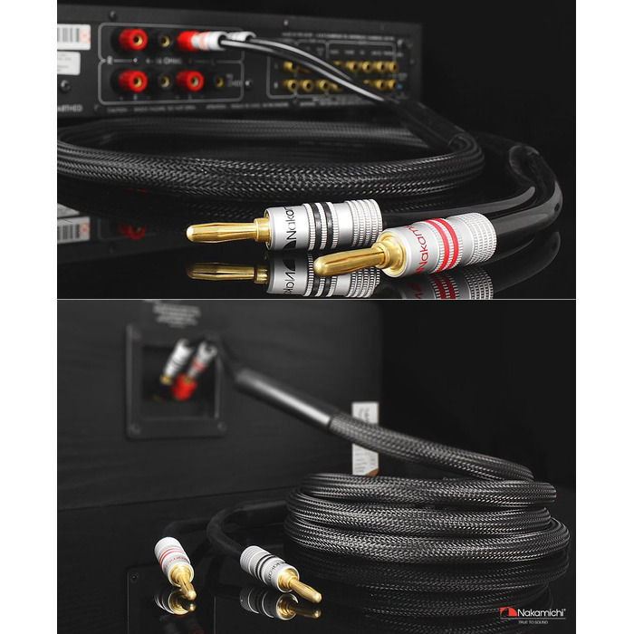 Акустичний кабель Nakamichi 12AWG з банановими роз'ємами 24K золото, 3м, безкиснева мідь (OFC), в обплетенні, для домашнього кінотеатру та підсилювача — Чорний