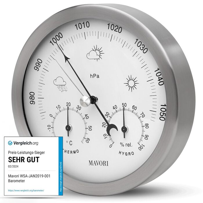 MAVORI® Weather Station Analog - 3in1 Barometer, Hygrometer & Thermometer for indoor and outdoor use - Ø 13.5cm stainless steel frame with acrylic glass in a modern design - Includes thermometer & hygrometer