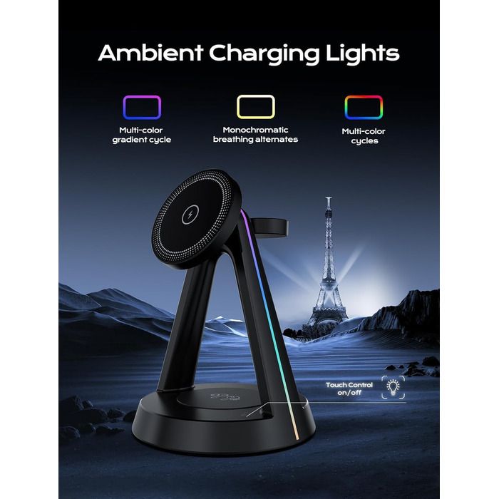 Бездротова зарядна станція 3-в-1 MagSafe OneCut з RGB підсвіткою 15W для iPhone 16/15/14/13/12 Pro Max/Plus, Apple Watch Ultra/8/7/6/SE та AirPods Pro/3/2