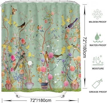 Штора для душу 180x180 см, зелена з квітами та пташками, антигрибкова, водонепроникна, поліестер, з кільцями (12 шт.)