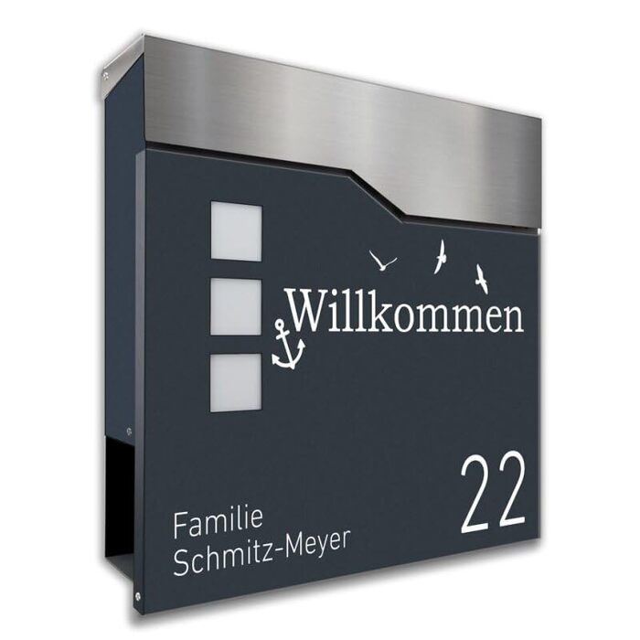 Поштовий ящик антрацит RAL 7016 Katharina з табличкою для імен, газетницею та 3 вікнами - дизайнерський сталевий порошково-пофарбований