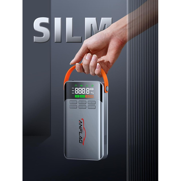 Powerbank для автомобіля з компресором 150PSI ANFLAG 5500A, стартер для бензинових та дизельних двигунів (12.0L), LCD дисплей, LED ліхтарик, подвійний USB, сірий