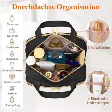 Жіноча дорожня косметичка Lifewit 5L, водовідштовхувальна косметичка з відділенням для мокрого одягу, органайзер для макіяжу, аксесуарів, шампуню та туалетних речей, чорна, M