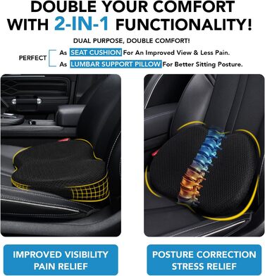 Автоподушка для сидіння Kingphenix: Memory Foam для легкових та вантажних автомобілів – знімає біль при ішіасі та болях у спині – підвищує комфорт водіння – чорна