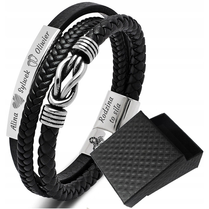 Чоловічий шкіряний браслет Cazz, чорний, хірургічна сталь, 22 см, з гравіюванням