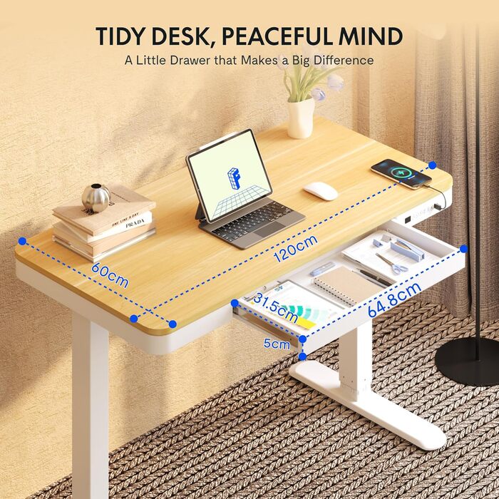 FLEXISPOT Electric Standing Desk with LED Display, Memory Function, USB Port & Drawer - 120x60cm Natural Oak