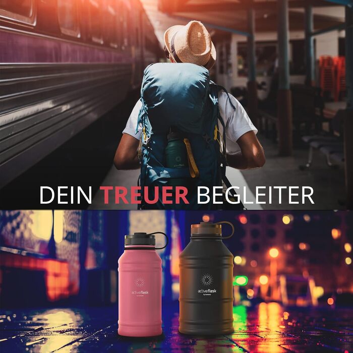 Спортивна пляшка з нержавіючої сталі ACTIVE FLASK 2,2 л з трубочкою, 3 кришки, BPA-free, герметична, для води і газованих напоїв, XL пляшка для спорту, фітнесу, туризму, темно-бірюзова