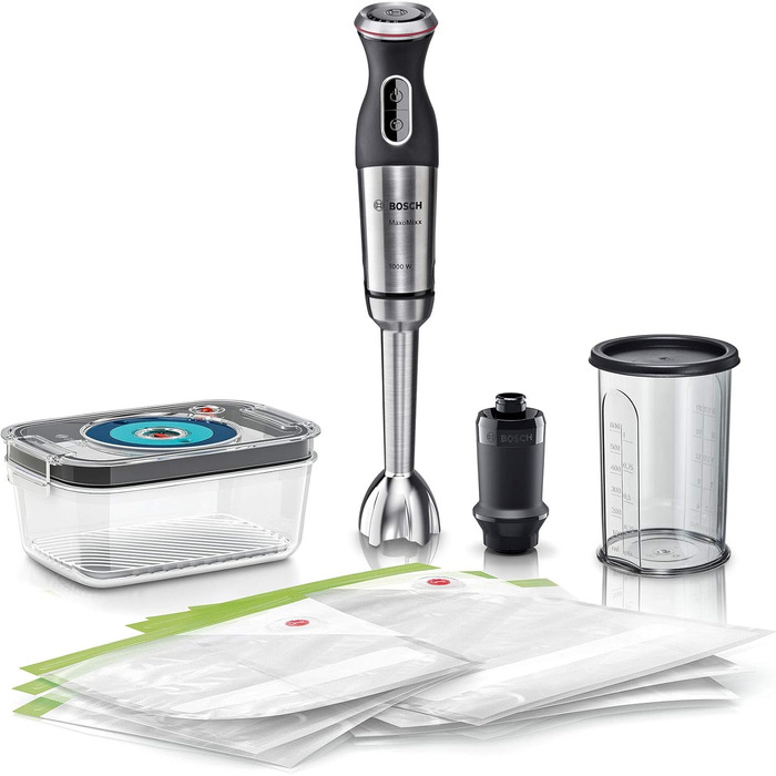 Блендер Bosch MaxoMixx MS8CM61V1 з вакуумною функцією, 1000 Вт, нержавіюча сталь, 4-в-1, мірний стакан, вакуумний насос і аксесуари