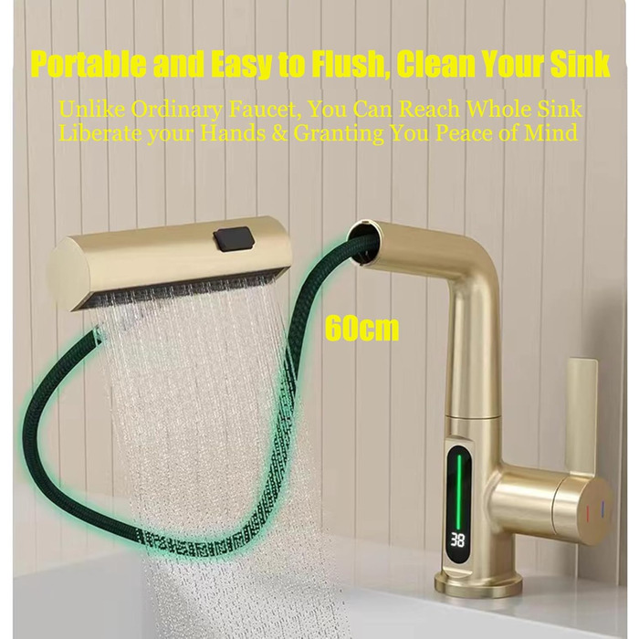 Кухонний змішувач з витяжною лійкою, 3 режими, LED-індикатор температури, поворотний на 360°, для кухні, золотий