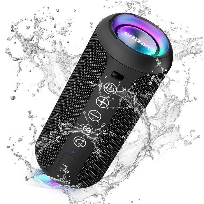 Ortizan Bluetooth Колонка 5.3, Водонепроникна IPX7, RGB Підсвітка, 30 год, Bass Boost, TWS, AUX, Micro SD, 3 EQ, Мікрофон - Чорний
