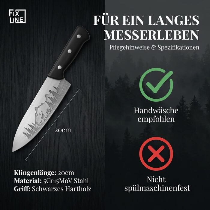 Ніж кухарський FIXLINE® Chefmesser 20 см BLACK FOREST Edition – професійний ніж для кухні, нержавіюча сталь, чорна дерев'яна ручка, подарункова упаковка