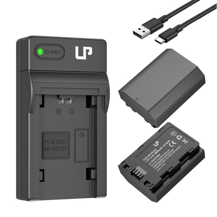 Зарядний пристрій LP NP-FZ100 з LCD-дисплеєм, Dual USB, сумісний з Sony A7iii, A7iv, A7C, A6700, A6600, ZV-E1, ZV-E10ii, FX3, FX30, A9, Alpha 9, Alpha 9S, A9S, A7R3 та A7R4 (2 батареї + AC зарядний пристрій)