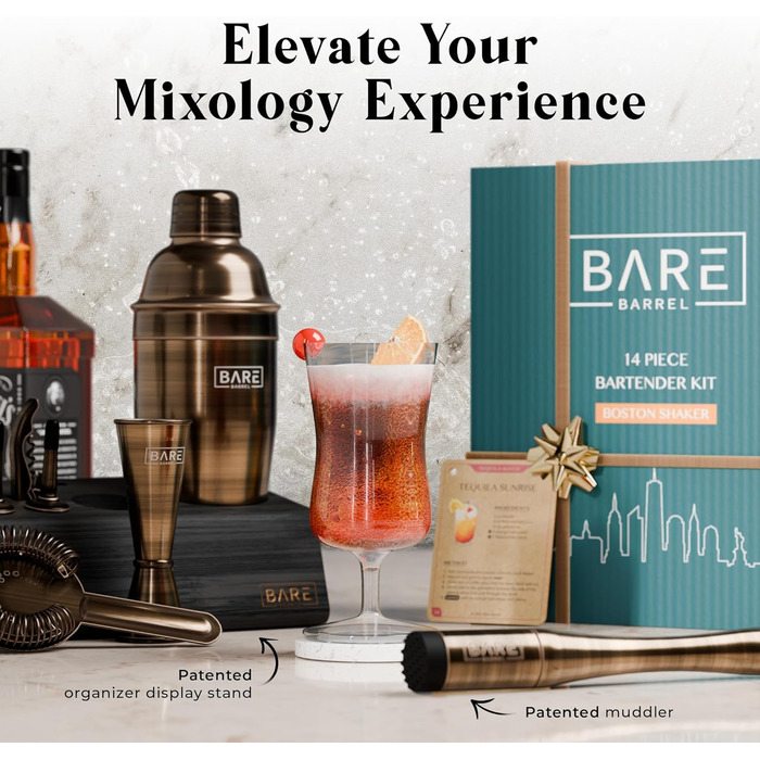 Набір для приготування коктейлів Mixology Barkeeper - 14 предметів: шейкер для Мартіні, професійний барний інвентар, стійка з бамбука, рецепти, подарунковий набір (латунь, 700 мл)