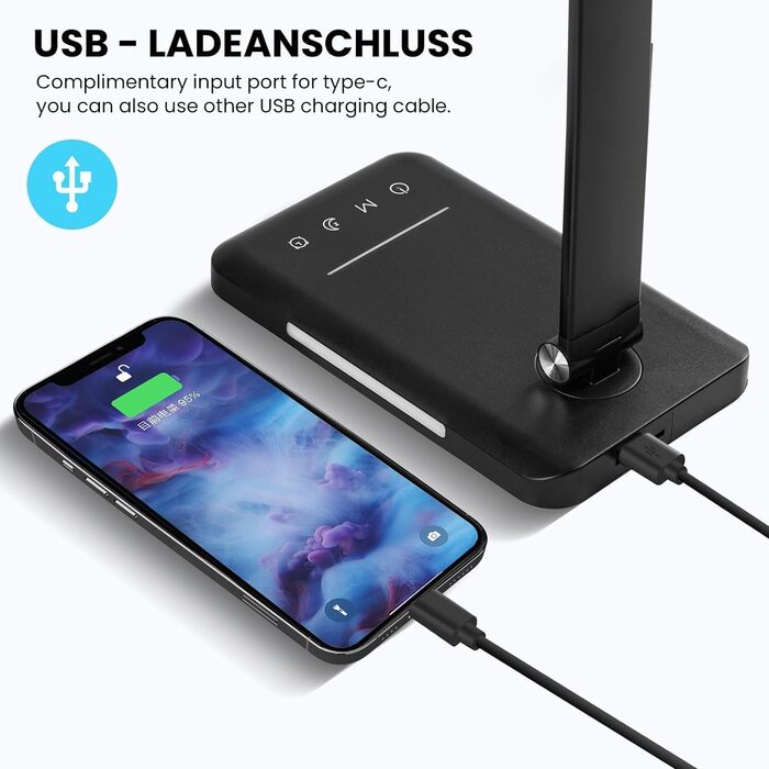 LED лампа настільна диммирувана - 560LM, офісна лампа з 5 режимами кольору та 10 рівнями яскравості, нічник, USB-порт, функція пам'яті та таймер, 10W - Біла (Чорна)