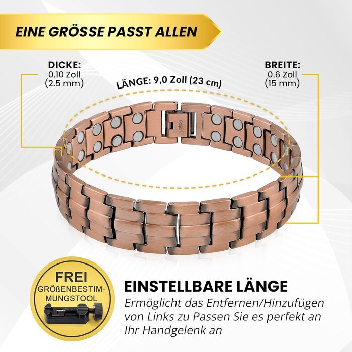Магнітний браслет MagnetRX® для чоловіків з чистої міді - Браслет для магнітної терапії, ідеальний при артриті та синдромі карпального тунелю - З інструментом для регулювання розміру (Classic Style)