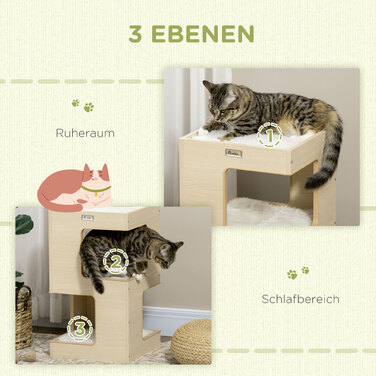 PawHut Будиночок для котів PawHut, 3-ярусний котячий шафка, закритий котячий будинок для дому з подушкою та іграшками з дуба, 34x34x60 см для любителів котів