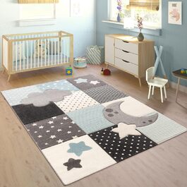Дитячий килим Paco Home для хлопчиків і дівчаток, круглий, пастельний, сучасний, з візерунком у клітинку, точки, місяць і зірки, біло-сірий-блакитний, Ø120 см