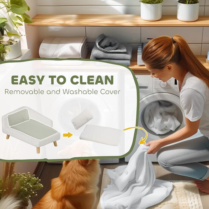 PawHut Диванчик для собак та котів з м'яким подушками, знімний та пральний чохол, з плюшу, 70 x 42,5 x 38,5 см, кремовий