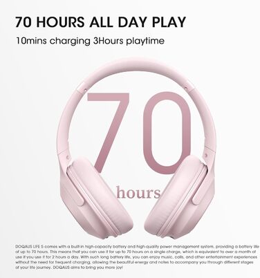 DOQAUS Бездротові навушники Bluetooth, 70 годин роботи, Bluetooth 5.3, Over-Ear, 3 режими EQ, HiFi стерео, з мікрофоном, складні, з м'якими амбушурами, рожеві