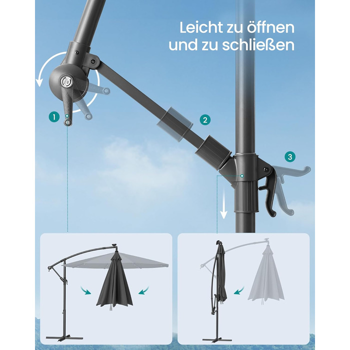 SONGMICS Patio Umbrella with LED Solar Lighting, Market Umbrella 300 cm Diameter, 32 LED Lights, with Stand, Sun Protection Balcony, Balcony Umbrella, UPF 50+, with Crank, for Terrace, Garden, Grey GPU118G01