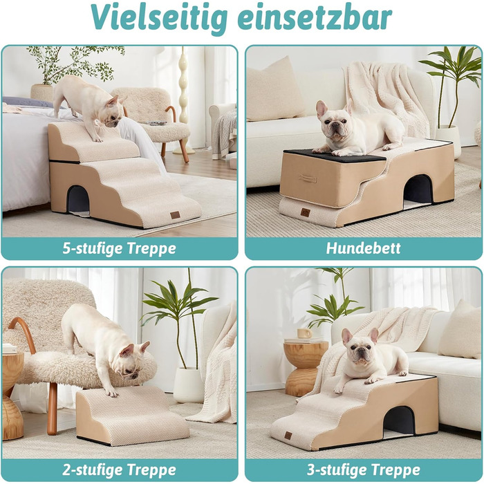Dog Stairs for Small Dogs, Pet Stairs for Loft Bed made of High-Density Foam, Dog Stairs Dog Ramp with Washable Cover (83x50x57cm-Hole, 5.0) (Beige)