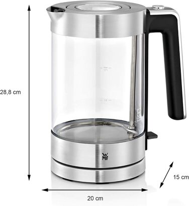 WMF Lono Glass Kettle 1.7 Liter, Glass Kettle with Scale Filter, Cordless, 3000 Watts, Matte Stainless Steel