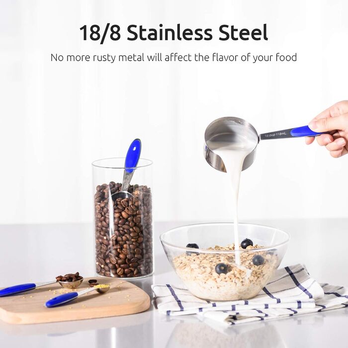 Measuring Cups: U-Shape 18/8 Stainless Steel Measuring Cups and Spoon Set with 10 Pieces, Thicker Handle, American (Blue)