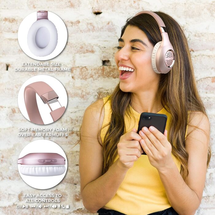 Навушники PowerLocus Bluetooth Over-Ear, бездротові, складні, з мікрофоном, Hi-Fi, глибокий бас, для телефону, планшета, ПК (Rose Gold Deep)