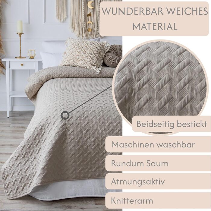Day blanket 200x220 Bedspread Bed cover Sofa cover Quilted blanket Sofa blanket Throw blanket Bed covers XXL Coverlet Quilted day blankets quilted Quilt Bedspread (240x260cm, Beige)