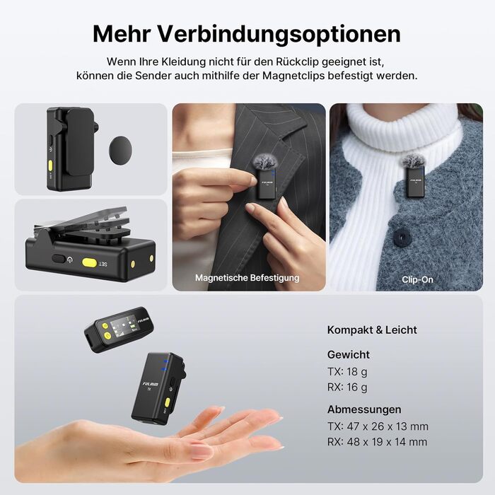 Бездротове петличне мікрофону FULAIM X6S для iPhone, Android, з AI-шумопоглинанням, 48 кГц/24 біт, з кейсом для зарядки та зберігання, для відеозйомки та Vlogging