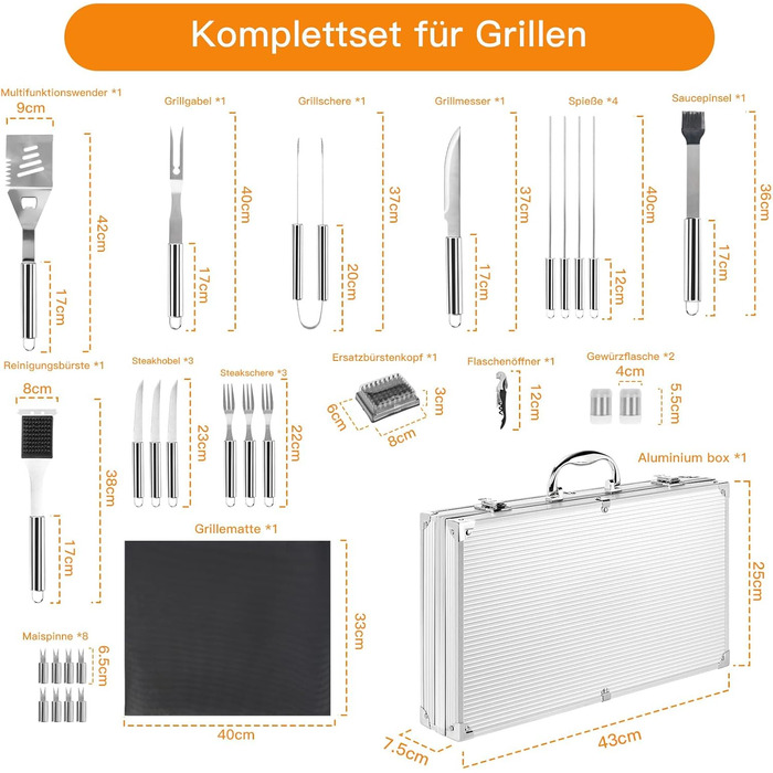 Набір грилю OUUTMEE 30шт з алюмінієвим кейсом: шампур, щипці, лопатка, ніж, пензлик для соусу. Інструменти для грилю, кемпінгу та відпочинку на природі