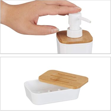 Набір аксесуарів для ванної Relaxdays (4 шт.), сучасний дизайн, зубний стакан, мильниця, дозатор мила, пластик & бамбук, білий, 17,5 x 7 x 7 см