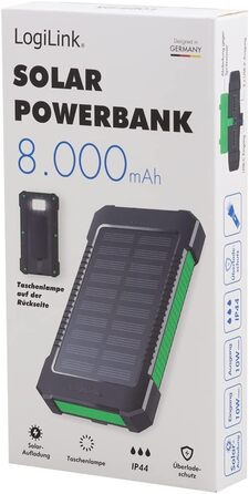 Портативний зарядний пристрій Solar Powerbank 8000 mAh з ліхтариком, чорно-оранжевий, одночасна зарядка 2 пристроїв (2x USB Type-A)